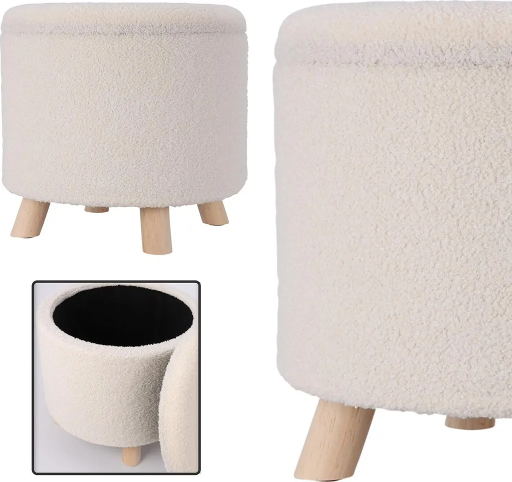 Petit tabouret de rangement TEDDY 40 cm blanc idéal pour une coiffeuse