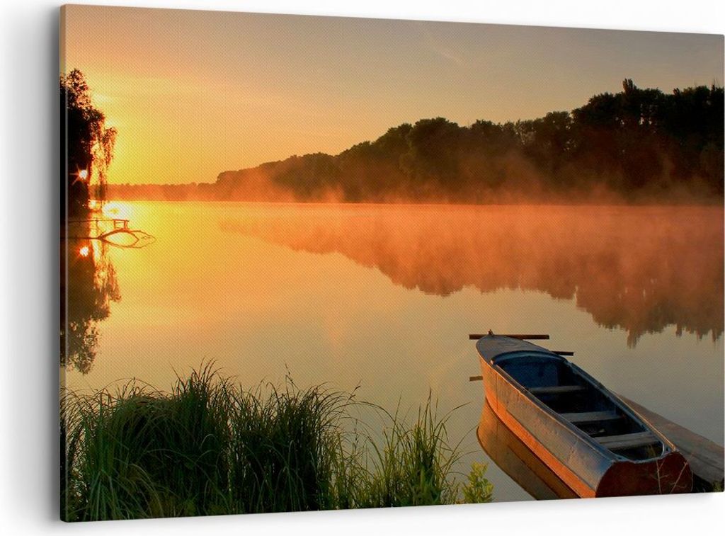 Bild auf Leinwand - Leinwandbild - Morgen Nebel See Landschaft - 100x70cm - Wand Bild - Wanddeko - Leinwanddruck - Bilder - Kunstdruck - Wanddekora...