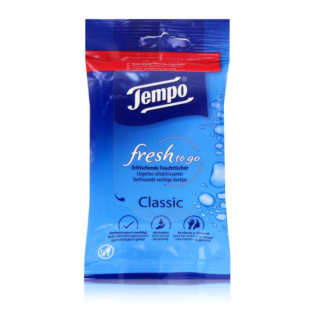 Tempo fresh to go Classic 10 erfrischende Feuchttücher für Hände und Gesicht