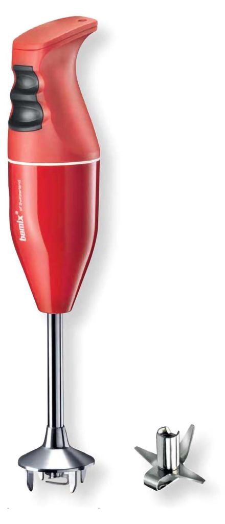 A red Bamix hand blender with its blade attachment shown separately on a white background.
