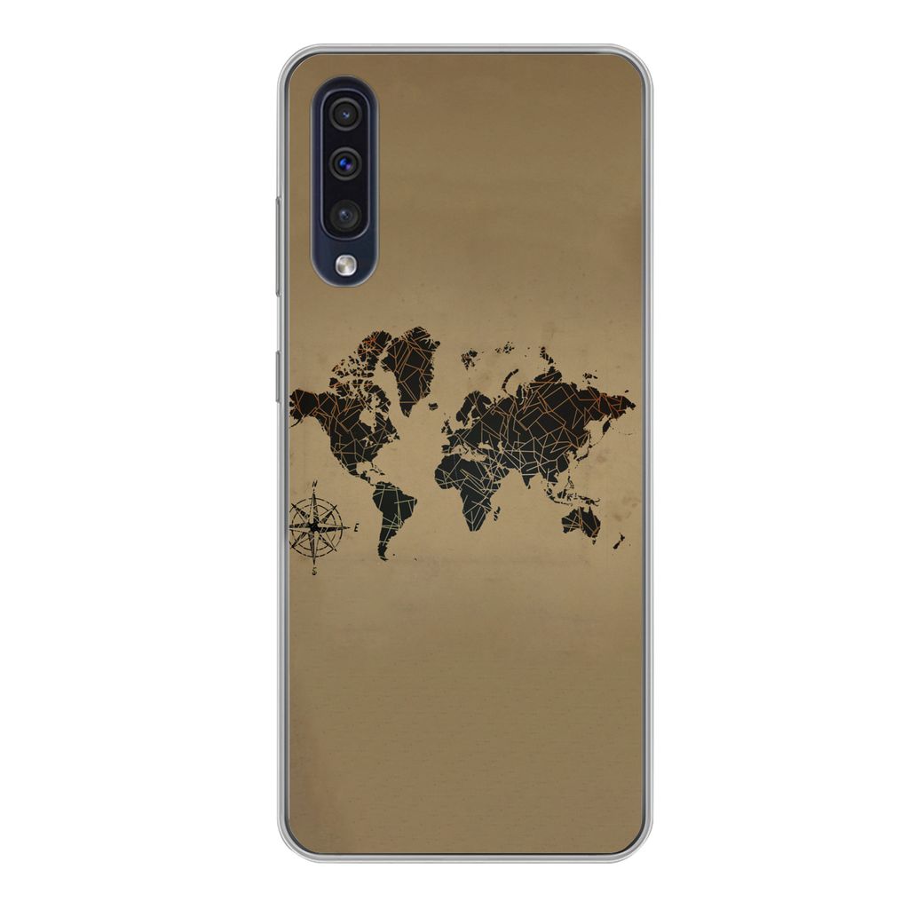 MuchoWow Handyhülle Schutzhülle Hülle für Samsung Galaxy A50 Weltkarte - Design - Vintage Silikon Softcase Handy Hülle - Mobiltelefonhülle