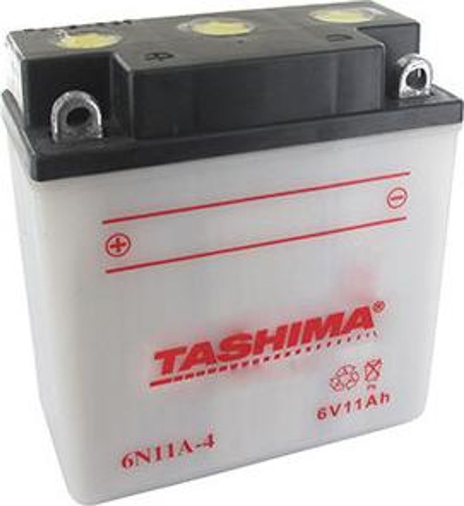 Batterie Blei Tashima 6V, 11A. L: 122, B: 62, H: 132 mm, + links. (ohne Säure geliefert) Für Motorräder. - Blei-Batterie zum Befüllen mit Säure
