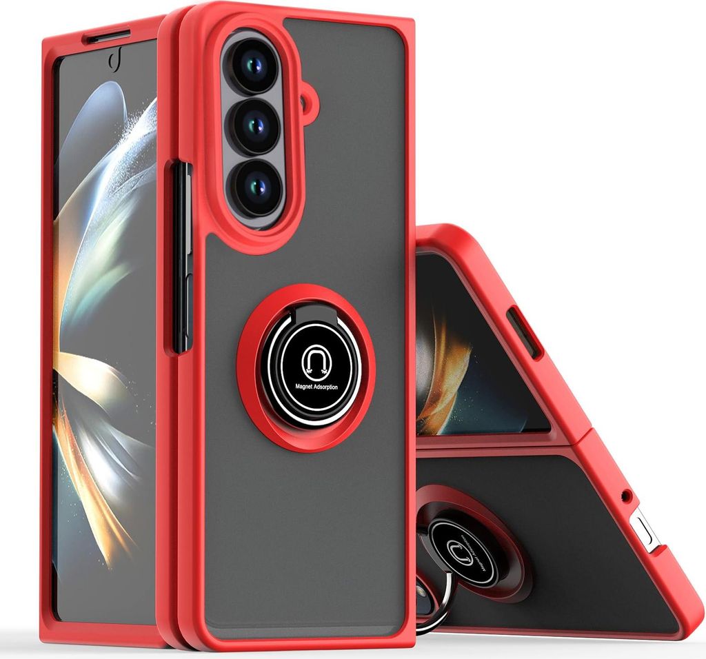 Hülle für Samsung Galaxy Z Fold 7 Matte Transluzent TPU Stoßfest Schutzhülle mit Ring Halter Ständer Rot