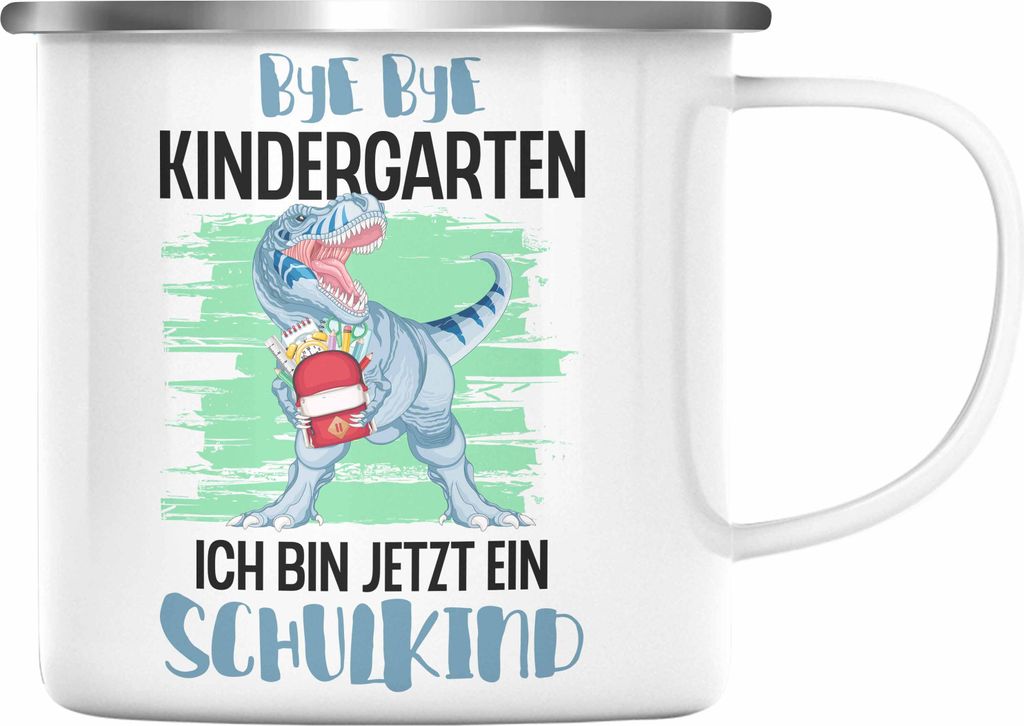Trendation - Einschulung Junge Dino Geschenk für Schultüte Füllung Emaille Tasse Schulstart 1. Schultag Schuleinführung Schulanfang Geschenkide...