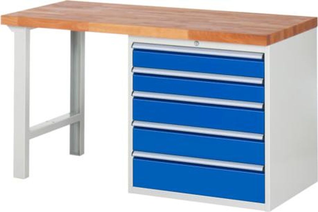 Werkbank mit 5 XL Schubladen - Teilauszug - 120:2 / 150:2 / 180:1 - 840 x 1.500 x 700 mm (HxBxT) - Traglast 1.000 kg - Buche