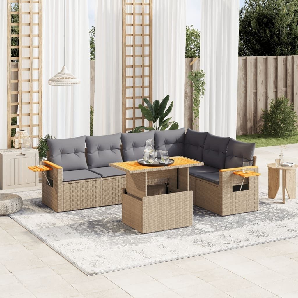 "Rabatt" 7-tlg. Garten-Sofagarnitur - mit sofa - mit Kissen Beige Poly Rattan - Lounge-Dining set CC10662