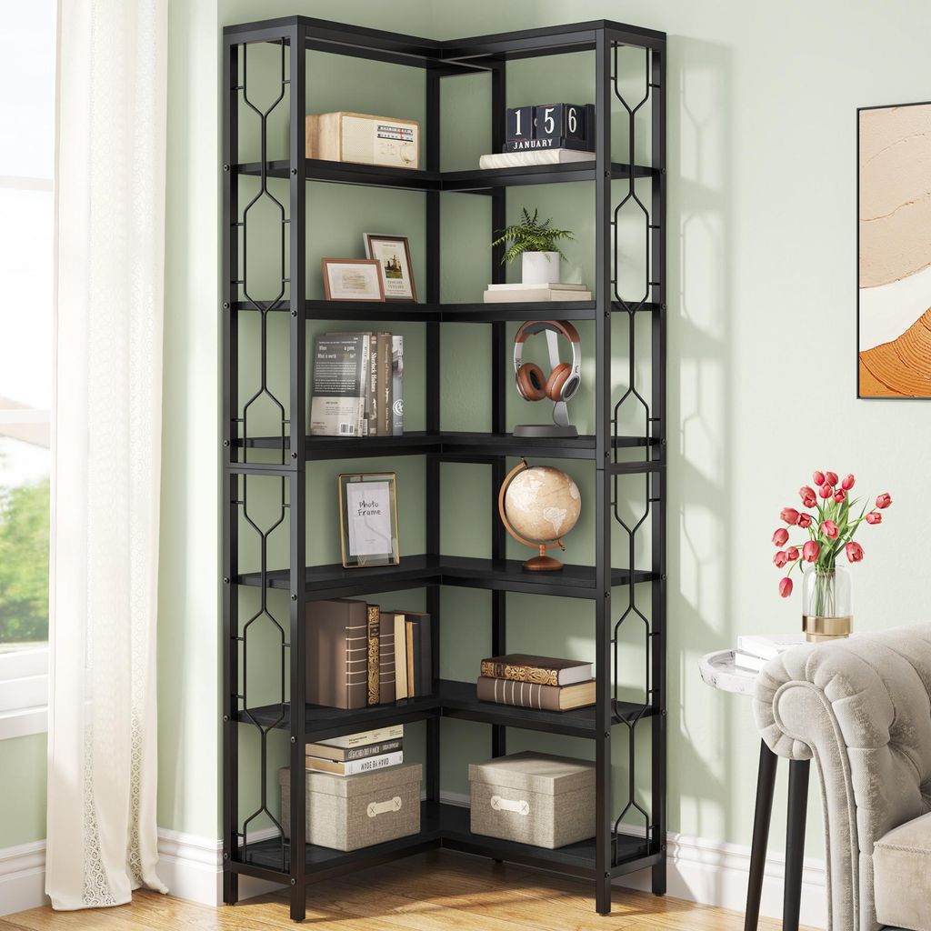 Tribesigns Eck-Bücherregal, 7-stöckiges Industrielles Eckregal, Holz und Metall Ecke Etagere Bücherregal, Freistehendes Lagerregal (Schwarz)