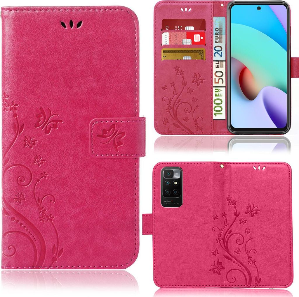 A collage of images showing a pink phone case with a floral design, including a view of the case open with cards and money inside, and a view of the case closed with a phone inserted.
