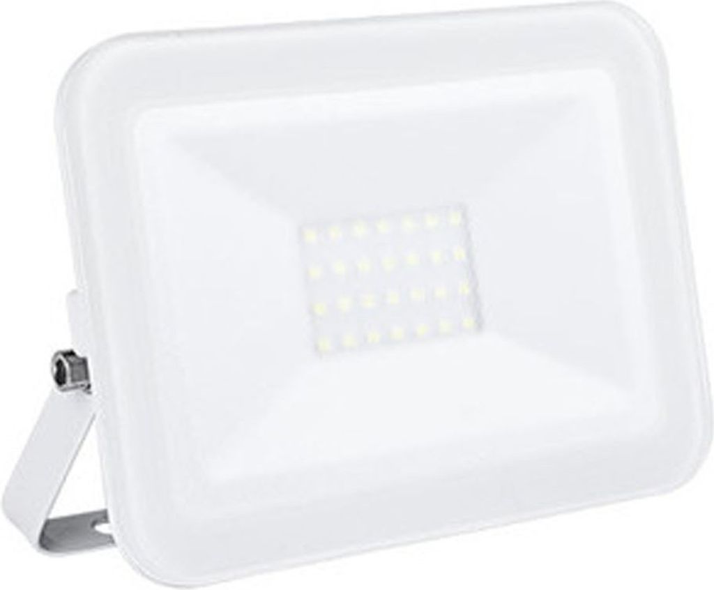 A white LED floodlight with a metal bracket is shown against a white background.