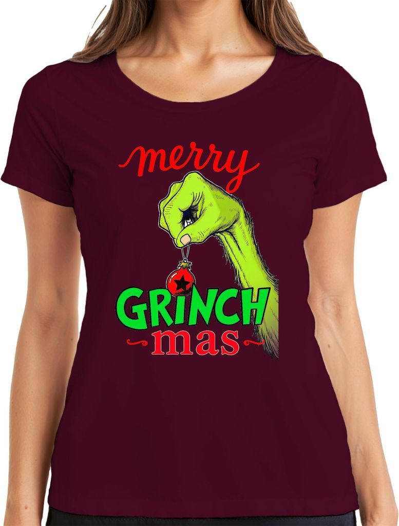 merry GRINCH mas Weihnachtsgrinch Lustig Weihnachtskugel Geschenk Damen T-Shirt, Burgundy, L