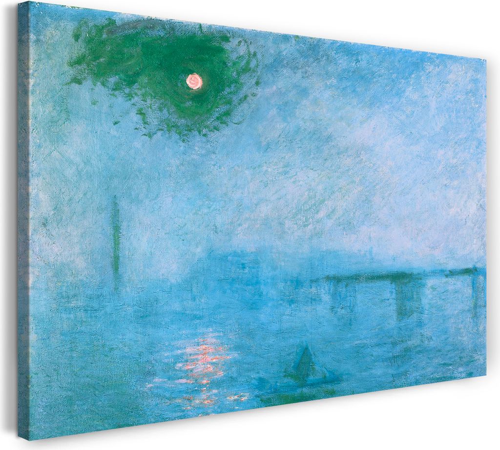 Leinwandbild (60x40cm): Claude Monet - Le Soleil sur la Tamise à Londres, brouillard, echter Holz-Keilrahmen inkl. Aufhänger, handgefertigt in De...