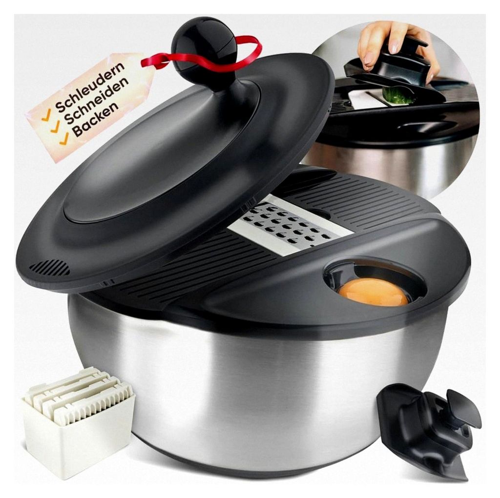 Edelstahl-Salatschleuder mit Schneidefunktion und 5 verschiedenen Aufsätzen, Eigelbtrenner, Salatschüssel, Edelstahlschüssel mit 5L Volumen, sp...