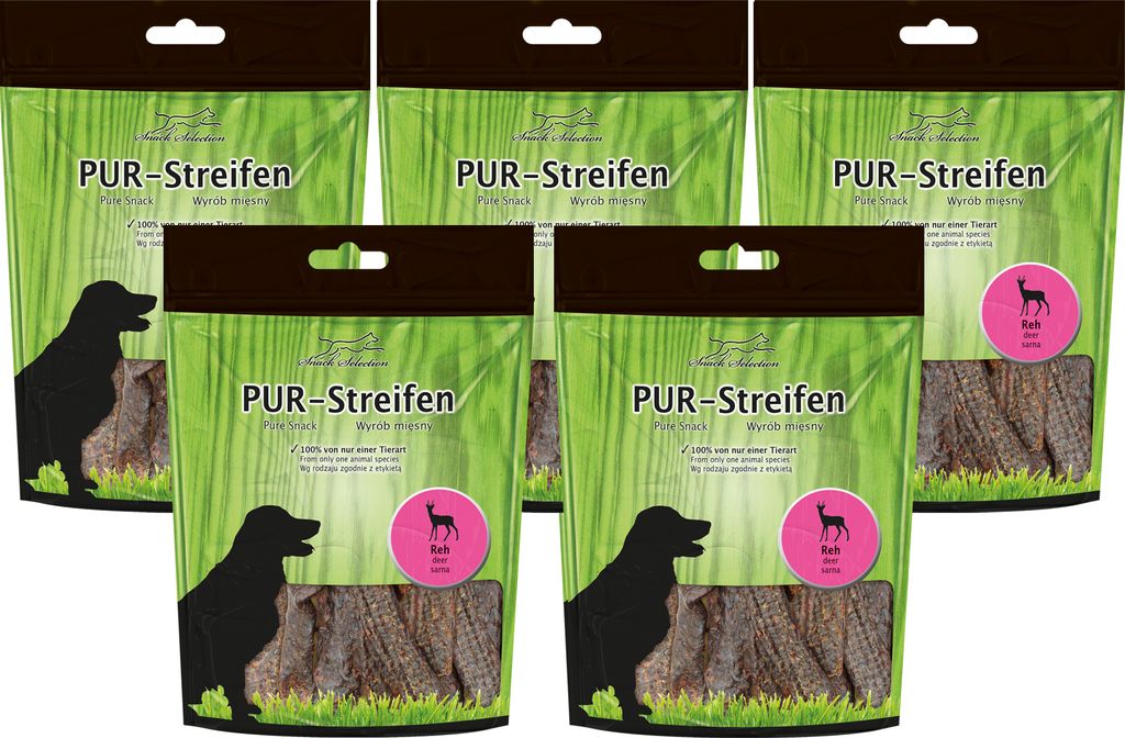 5x100g Schecker PUR Streifen Reh - Kausnack für Hunde von einer Tierart - getreidefrei