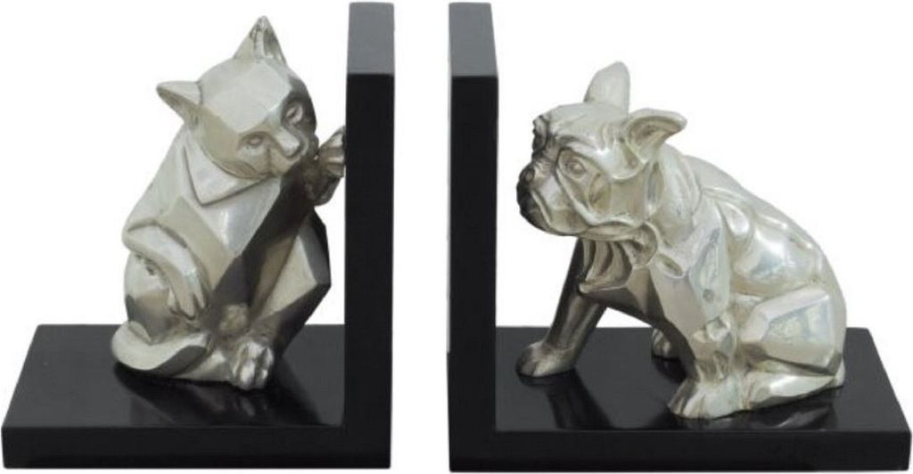 Casa Padrino Luxus Buchstützen Set Katze & Hund Silber / Schwarz 18 x 18 x H. 10 cm - Deko Bronzefiguren mit Holzsockel