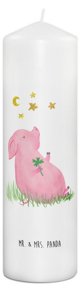 Mr. & Mrs. Panda Stumpenkerze Schwein Glück 29 x 8 cm XL - Weiß - Geschenk, Träume, Sterne, Erinnerungskerze, Blockkerze, Glücksbringer, Wachsk...