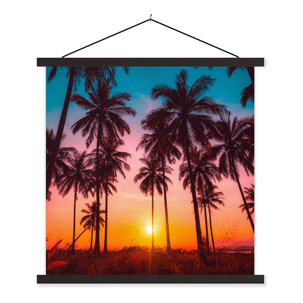 MuchoWow Textilposter Palme - Sonnenuntergang - Horizont - Strand - Orange - Rosa 60x60 cm mit schwarzem Rahmen - Posteraufhänger