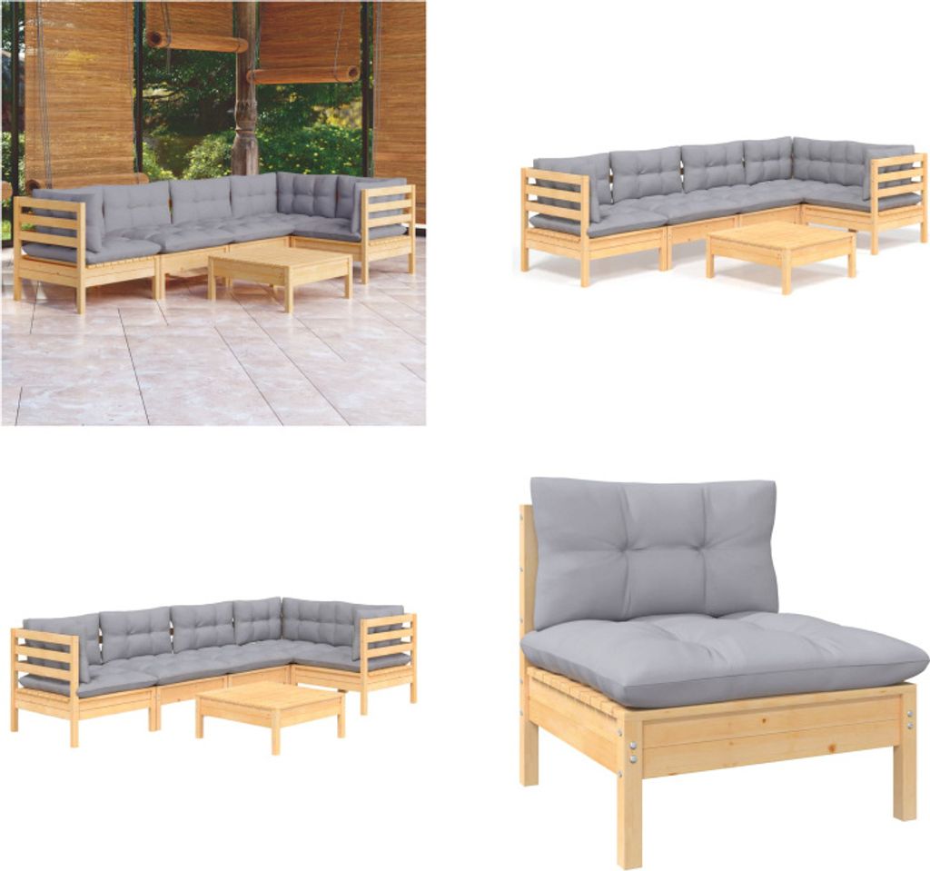 vidaXL 6 tlg. Garten Lounge Set mit Grauen Kissen Kiefernholz - Garten-Lounge-Set - Garten-Lounge-Sets - Gartenmöbel-Set - Gartenmöbel-Sets