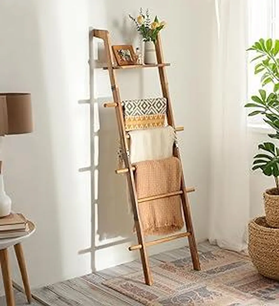 ZUNTO Scala portasciugamani a 5 gradini in legno con ripiano e ganci - Scala portasciugamani vintage con ripiano per bagno, soggiorno e camera da letto - Scala decorativa per asciugamani, coperte e decorazioni, marrone