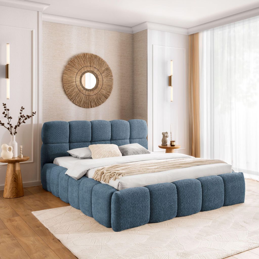 Polsterbett SOFIA 140x200 - mit Bettkasten, Doppelbett mit Stauraum und Lattenrost, Boxspringbett-Optik, ohne Matratze, Bett - Himmelblau