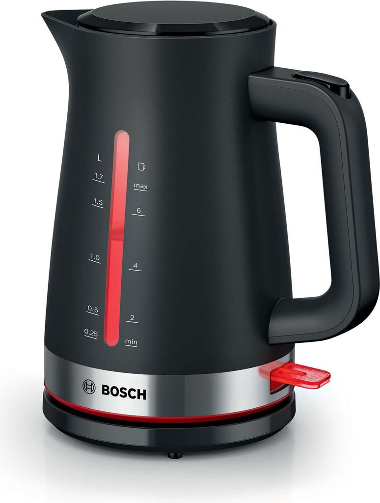 A black Bosch electric kettle with a silver base and red accents, shown on a white background.