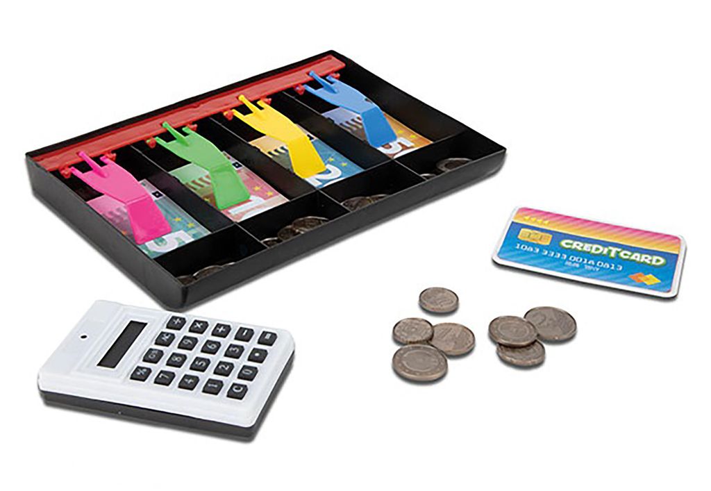 Kinder KASSENSCHUBLADE Taschenrechner Münzen Scheine Kinderkasse Spielkasse 56