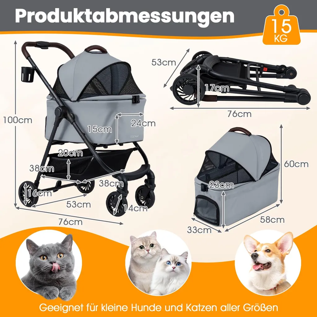 COSTWAY Passeggino per cani 3 in 1, passeggino per cani con tetto in rete regolabile, cestino e portabevande, passeggino per animali fino a 15 kg, cassa per cani pieghevole, metallo (grigio) - 3