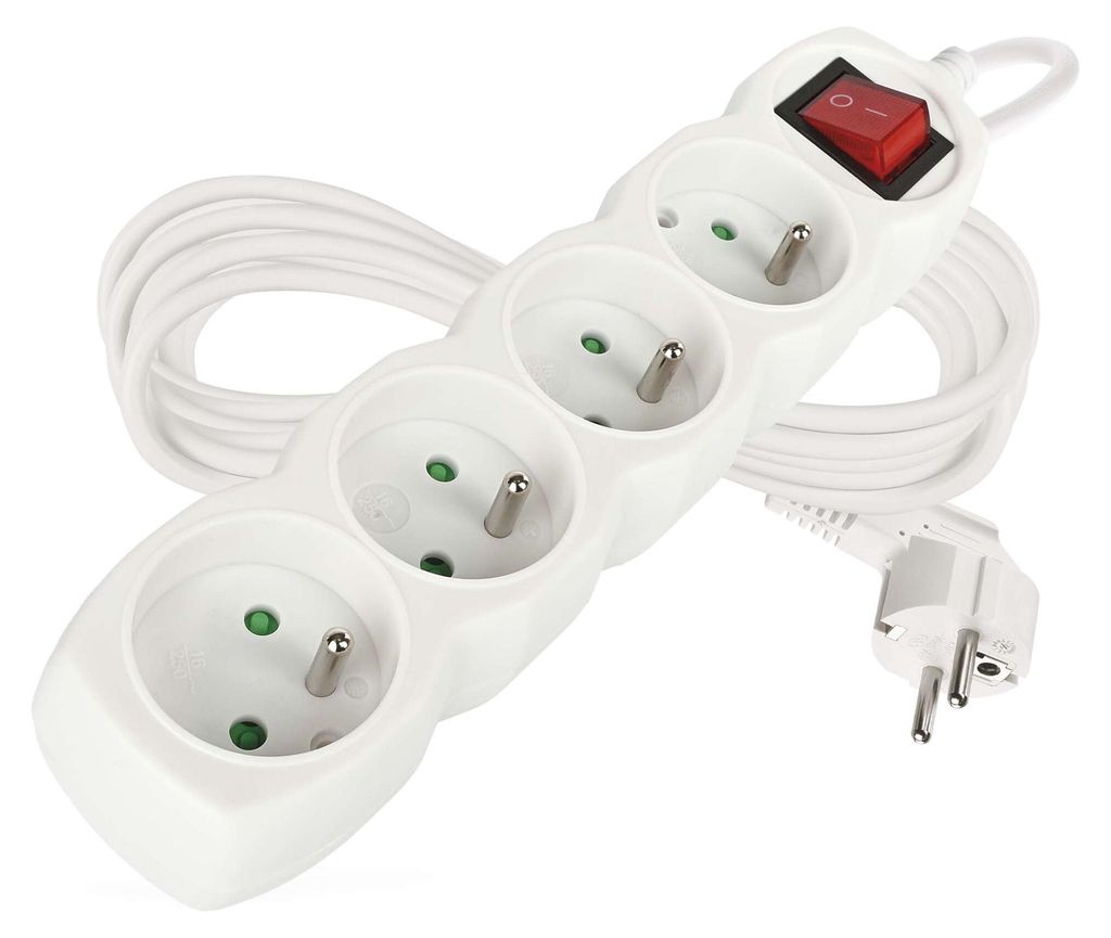 Prodlužovací kabel 5 m / 4 zásuvky / s vypínačem / bílý / PVC / 1,5 mm2