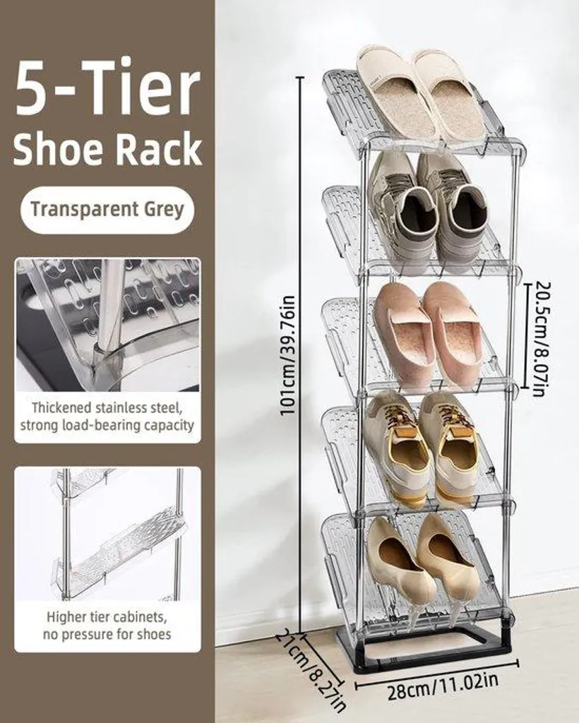 Organisateur de chaussures pour entrée étroite - Étagère 5 niveaux gain de place