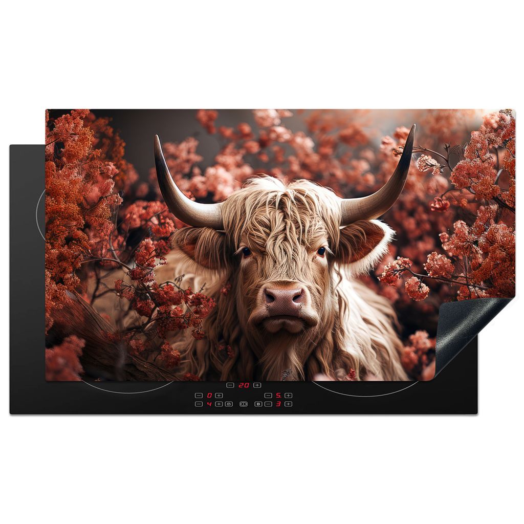 KitchenYeah Herdabdeckplatte Schottische Highlander - Tier - Natur - Blumen - Botanisch , 91x52cm, Küche Deko, Glaskeramikkochfeld Herdabdeckung...