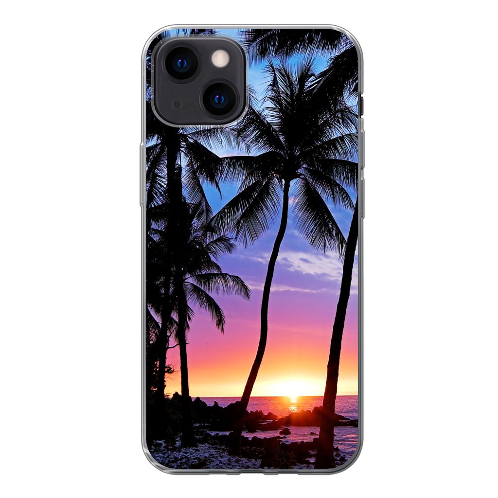 MuchoWow Handyhülle Schutzhülle Hülle für iPhone 13 mini Der farbenprächtige Sonnenuntergang hinter einer Reihe von Palmen auf Hawaii Siliko...