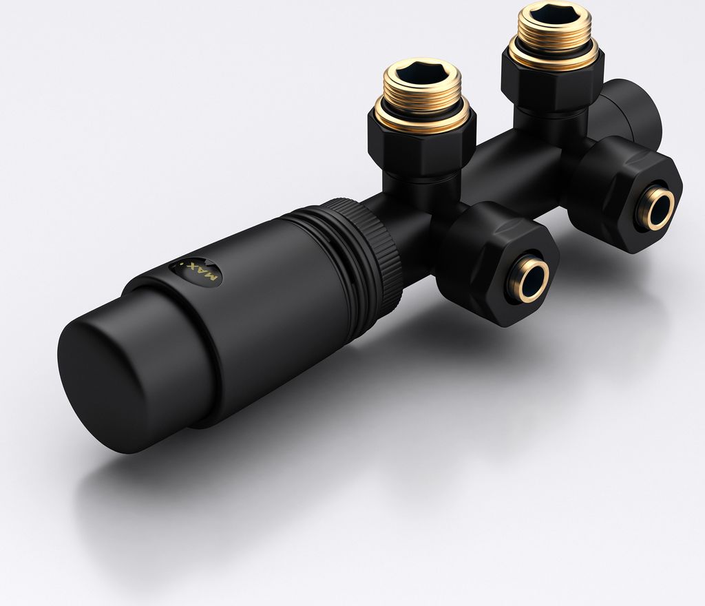 A black radiator valve with gold fittings against a light gray and white background.