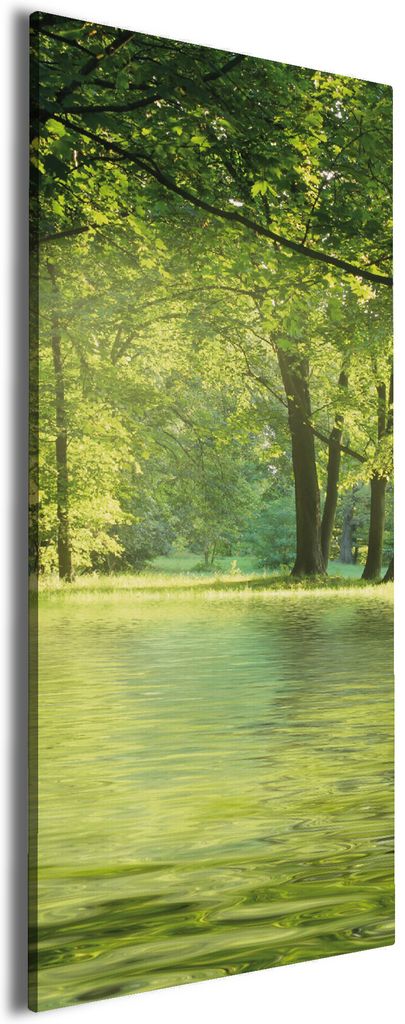 Wallario Premium Leinwandbild Idyllischer See im Wald bei Sonnenschein in Größe 60 x 150 cm