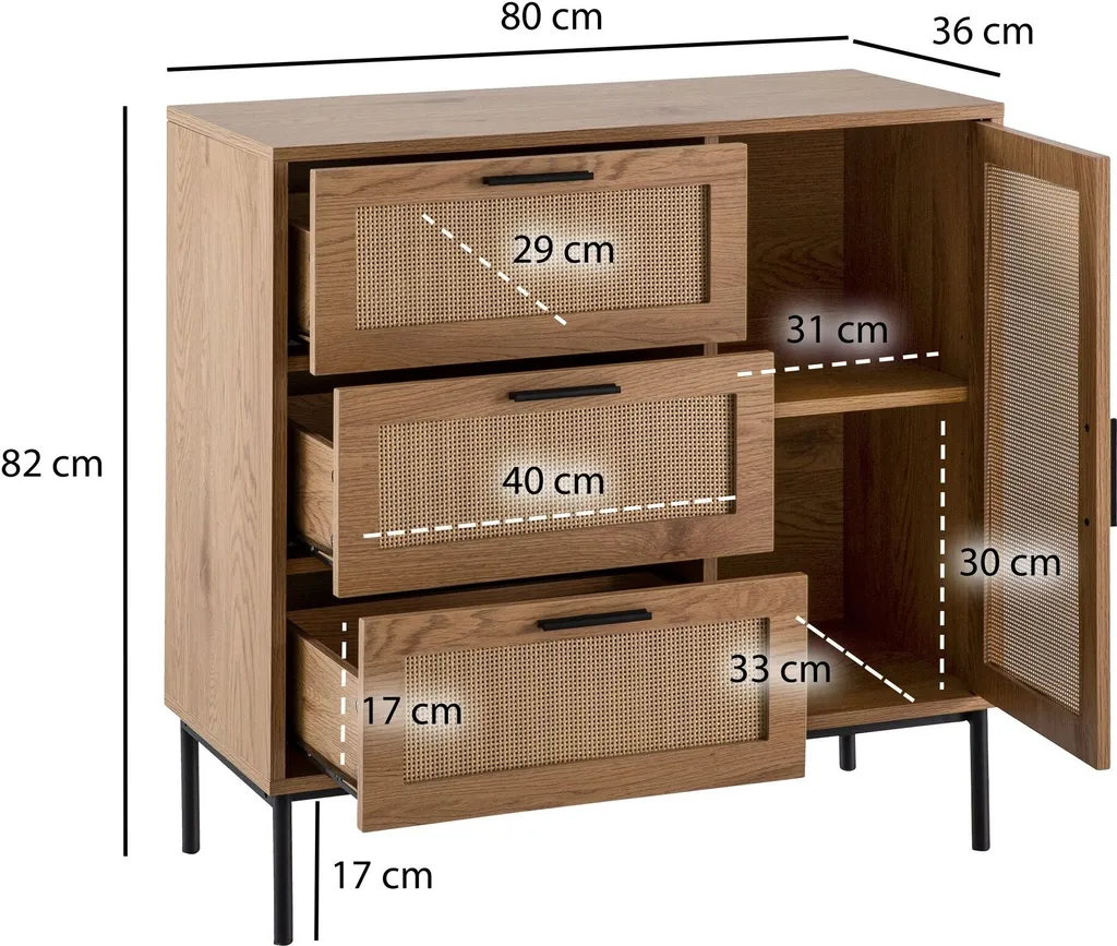 Commode moderne 80 cm à trois tiroirs et portes buffet sur pied blanc