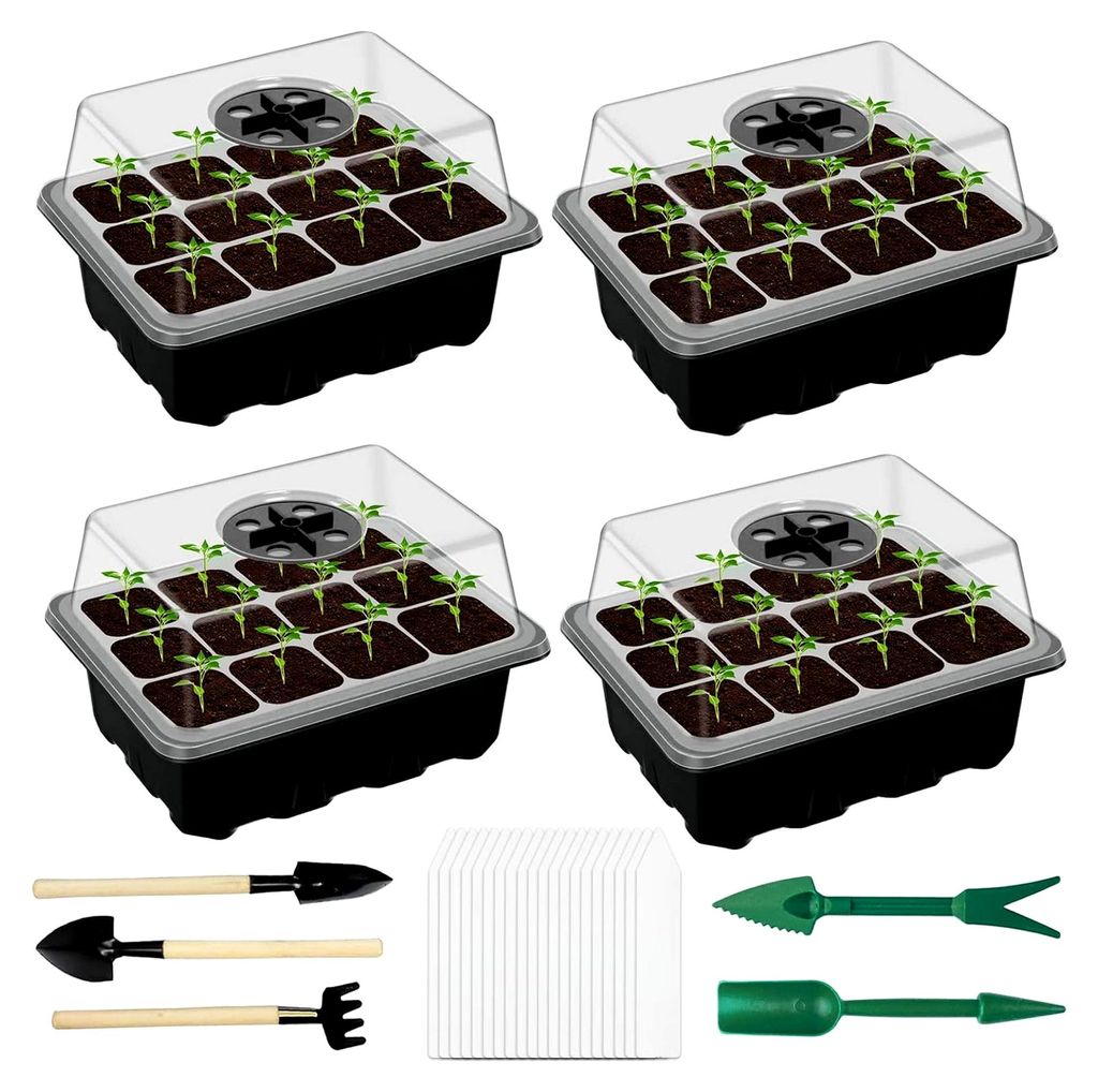 4 Stück Anzuchtschalen Set, Gewächshaus Anzucht Töpfe, Kunststoff Anzuchtschalen, Mini Gewächshaus Anzuchtset (Schwarz*4)