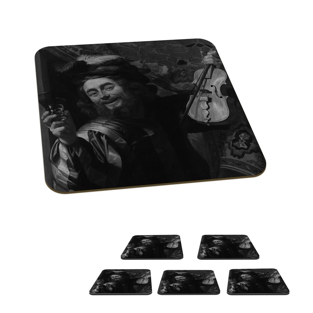 KitchenYeah Glasuntersetzer Quadratisch 6er Set Ein fröhlicher Fiedler - Gerard van Honthorst 10x10 cm Untersetzer für Gläser - Getränkeunter...