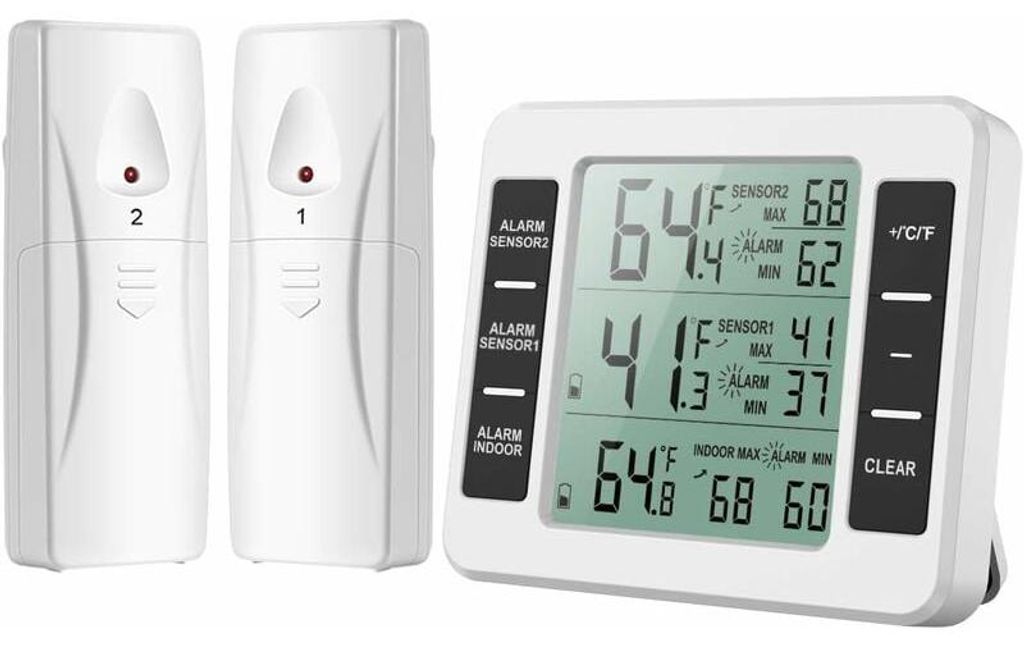 Kühlschrankthermometer, Gefrierschrankthermometer mit Alarm, kabelloses Innen-/Außenthermometer mit 2 Sensoren, MIN/MAX-Anzeige und Temperaturala...