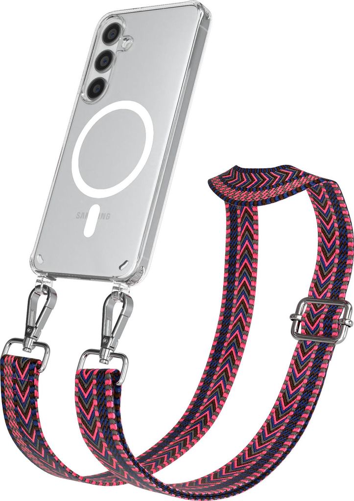 EAZY CASE - Handykette mit MagSafe Hülle für Samsung Galaxy S24, Handyband ZigZag Style,Karabiner Silber, Umhängeband in Pink