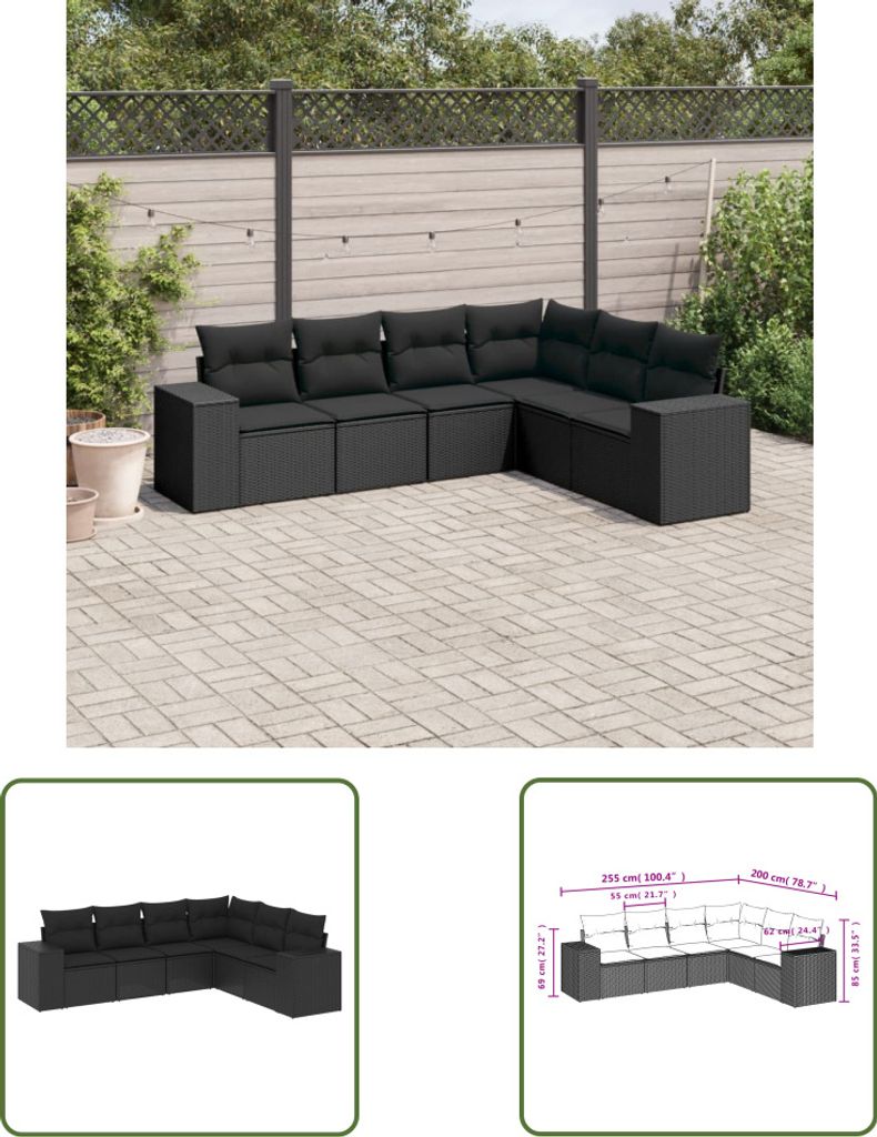 The Living Store 6-tlg. Garten-Sofagarnitur mit Kissen Schwarz Poly Rattan