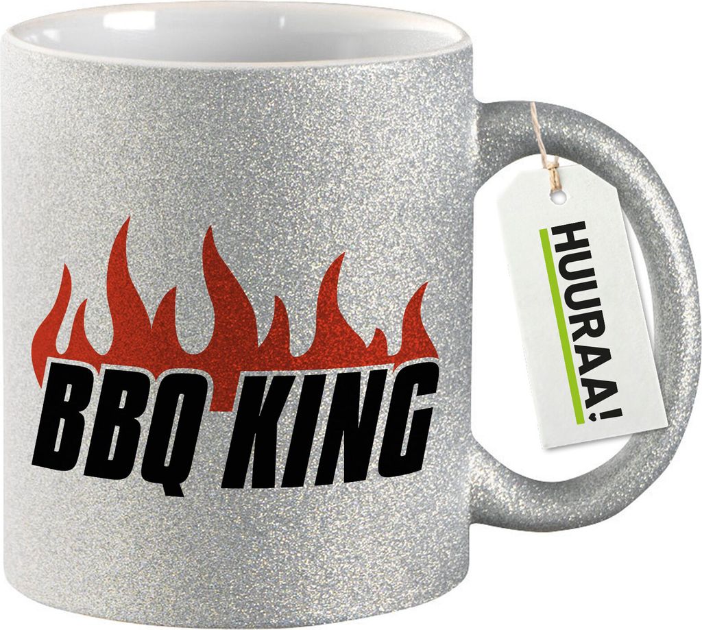 Huuraa Glitzertasse BBQ King Flammen 330ml Silber Keramik Kaffeebecher Geschenkidee