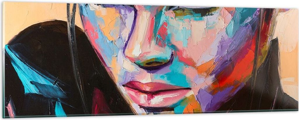 Bilder auf glas - Frau Emotionen Gesicht Mehrfarbig - 90x30cm - Glasbilder - Wandbilder - Kunstdruck - zum Aufhängen bereit - Wanddekoration aus G...