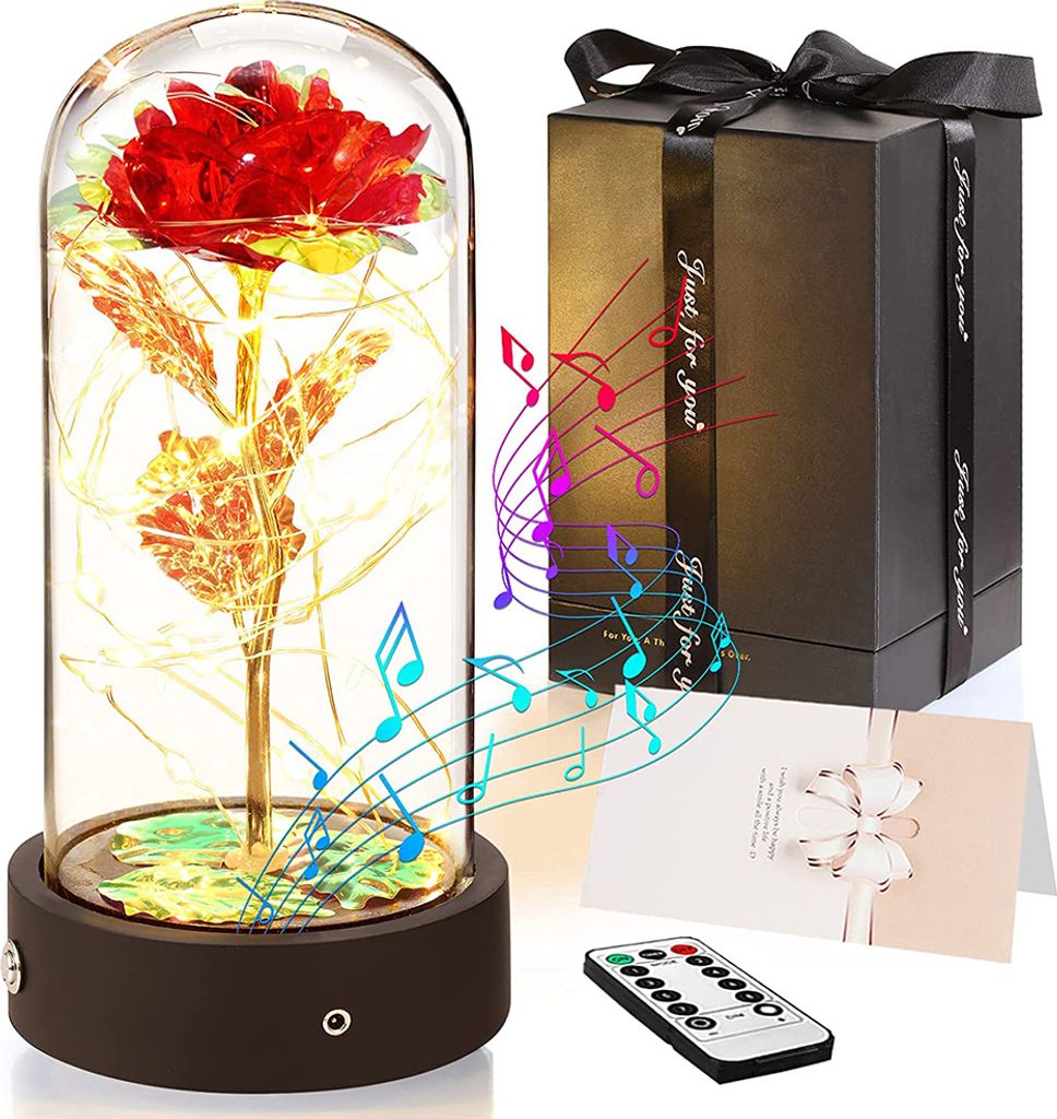 Rose im Glas Musik Rotierende Dekorative Lichter Wiederaufladbar Blume im Glaskuppel Künstliche Rose Geschenke für Valentinstag, Geburtstag, Than...