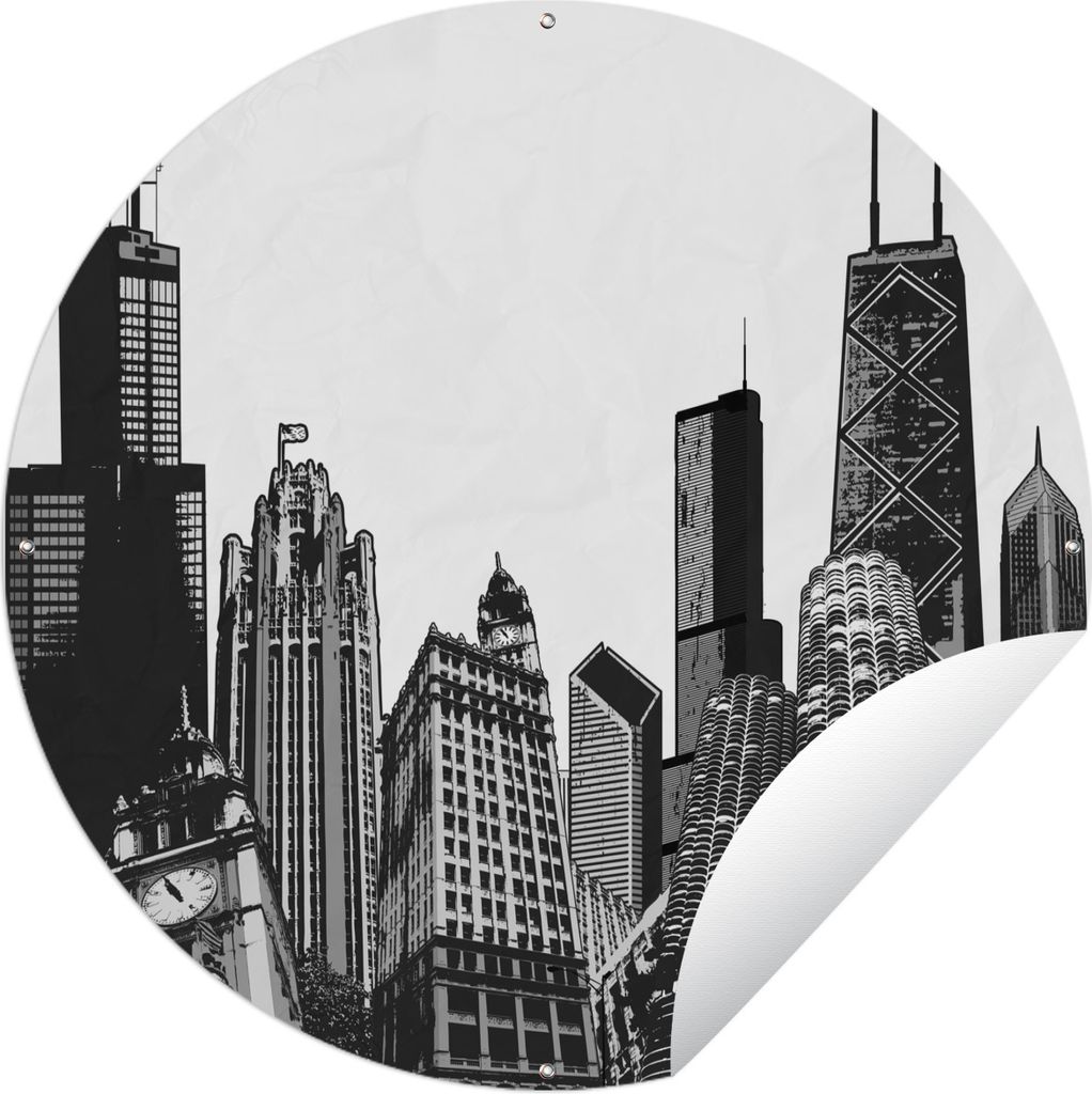 MuchoWow Gartenposter Outdoor-Poster Rund Schwarz-Weiß-Abbildung von Gebäuden aus Chicago in Nordamerika Ø 120 cm Gartendeko Rundes Poster dra...