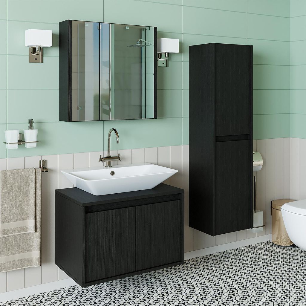 Roomart ATLANTIC-65 Badmöbel-Set 4-teilig 65 cm breit, Schwarz-Eiche