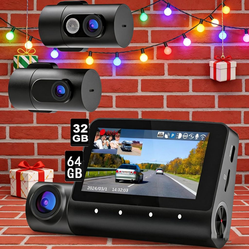 3-Kanal Dashcam Auto vorne hinten Innenraum Kamera 5.2GHz WiFi Dash Cam mit 32&64GB TF Karte