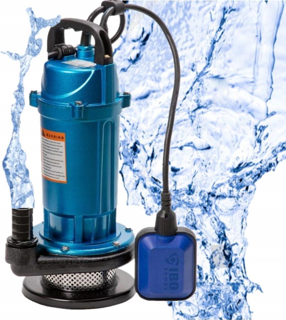 A blue submersible pump with a float switch is shown against a background of splashing water.