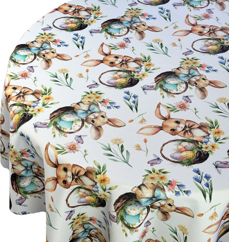 Tischdecke Fleckenabweisende Ostern Druck Runde Hase Rabbit Fun Bunte Ostereier Blumen Durchmesser: Ø 100 cm
