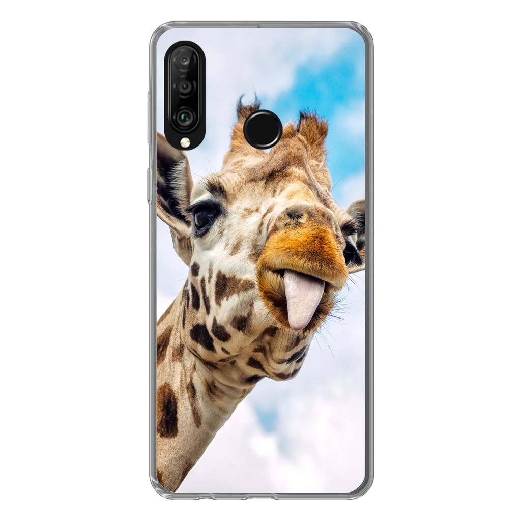 MuchoWow Handyhülle Schutzhülle Hülle für Huawei P30 Lite Giraffe - Lustig - Zunge - Kinder - Jungen - Mädchen - Kind Silikon Softcase Handy...