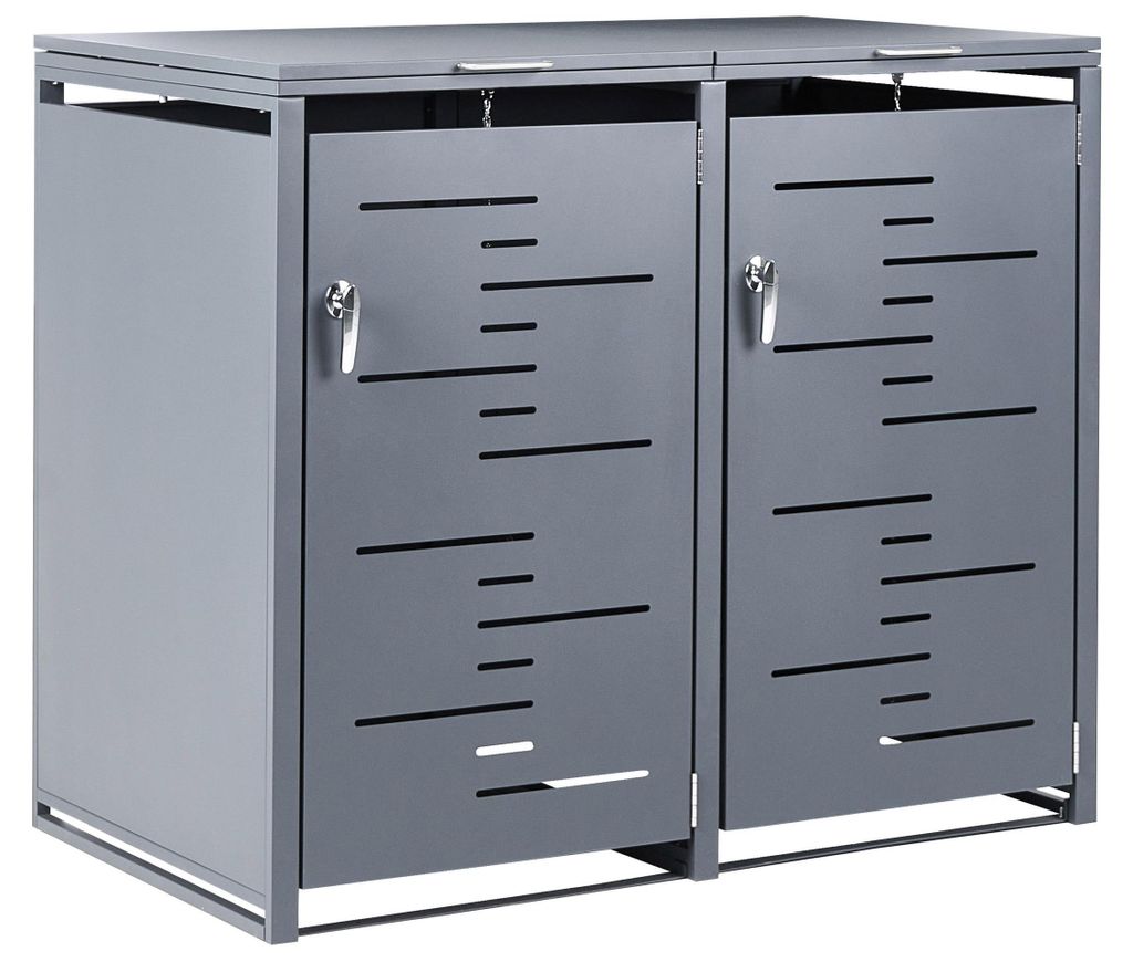 BELIANI Mülltonnenbox Dunkelgrau Stahl Abschließbar für 2 Tonnen 240 Liter mit Tür Deckelhalter Kette Gasdruckfeder Modern Doppel-Mülltonnenab...