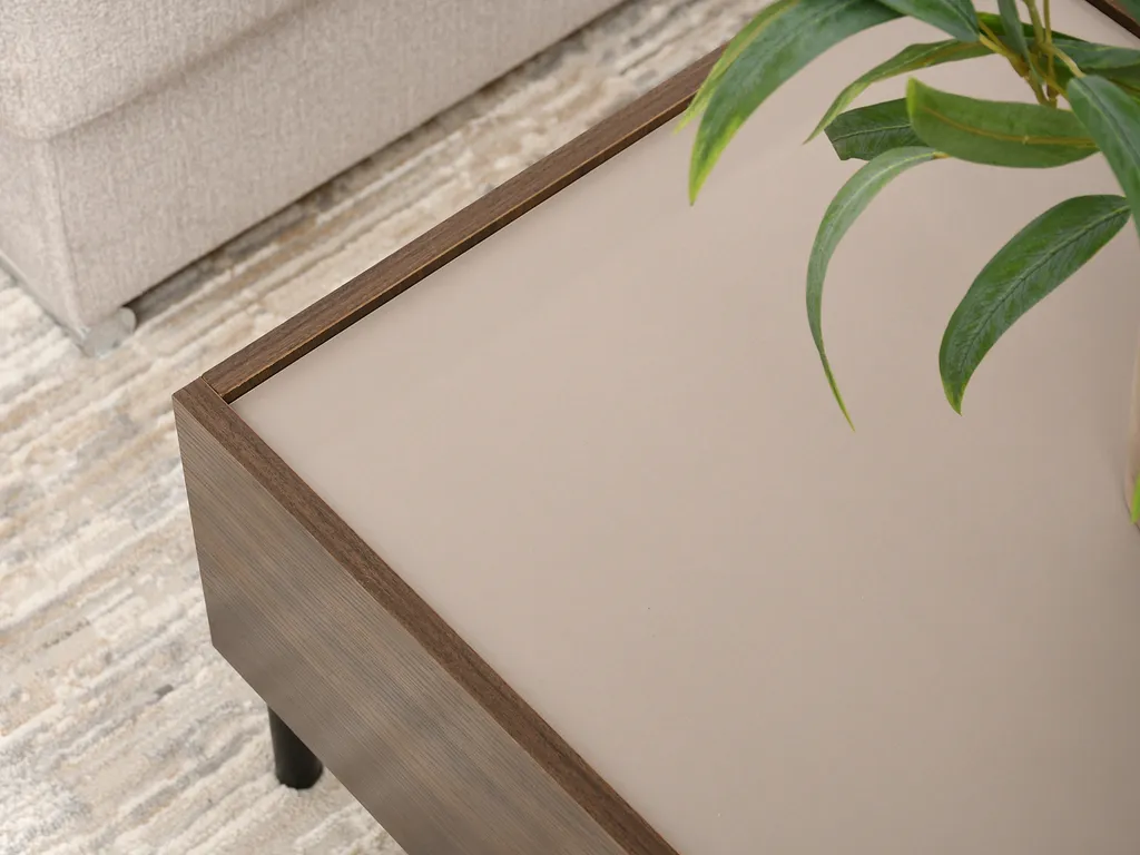 Table basse rectangulaire en bois de noyer et tiroir couleur beige - 7