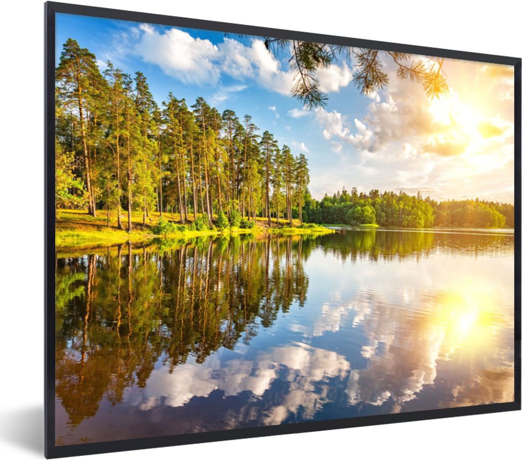 MuchoWow Gerahmtes Poster Bäume - Wasser - Sonne 80x60 cm - Poster mit Schwarzem Bilderrahmen Wandposter Rahmen Foto Bilder - Schwarzem - Mit Ge...